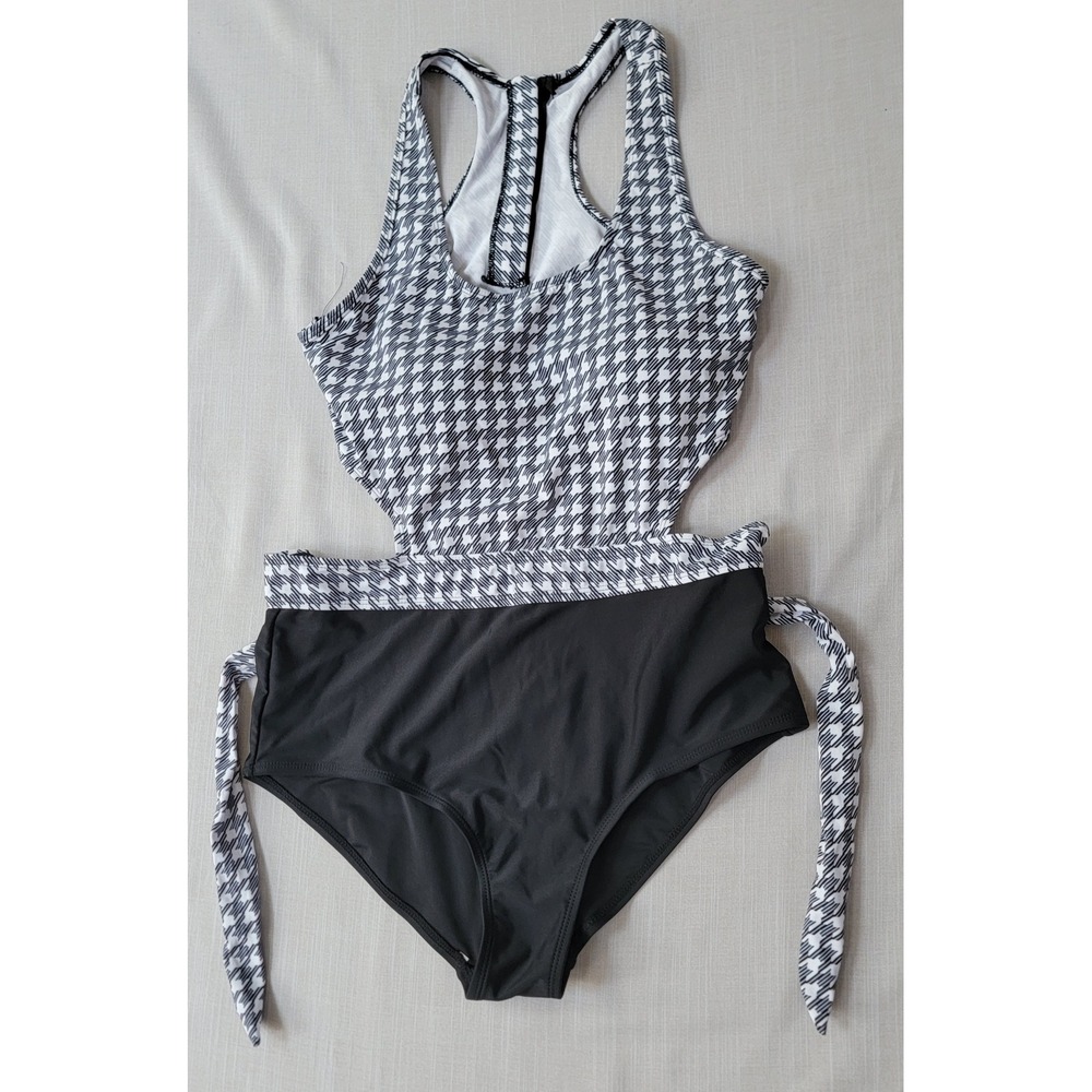 Albion Fit Island Breeze Houndstooth Cutout Bathingsuit High Waist Zip Back Lrg
